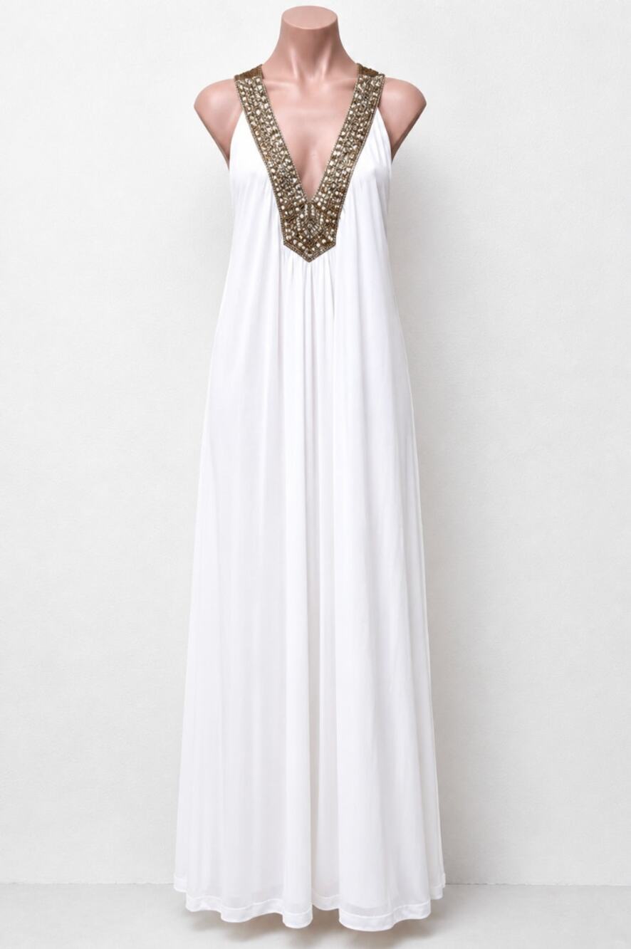 NWT Elizabeth Hurley Beach White Jemima Maxi Gold Embellished Bead Neckline Med
